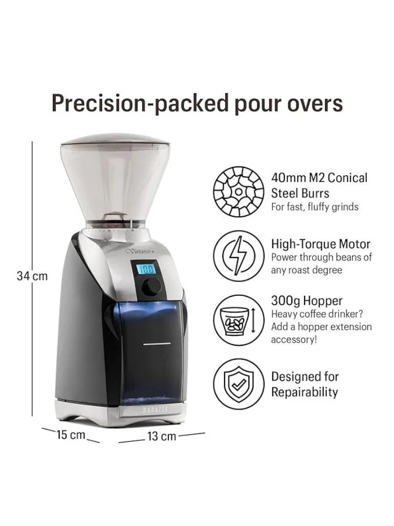 Baratza Virtuoso+ Precision Burr Coffee Grinder – 230V | Black & Silver | Café-Quality at Home