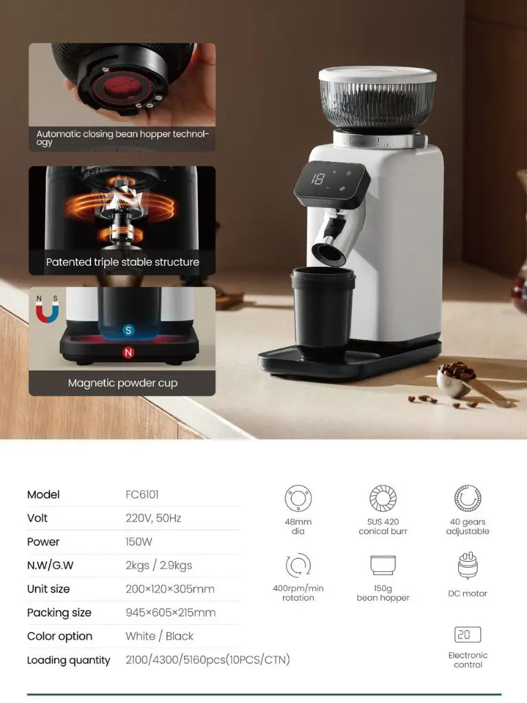 KOFIHAUS Electric Coffee Grinder FC6101 | 48mm Conical Burr, 40 Grind Settings